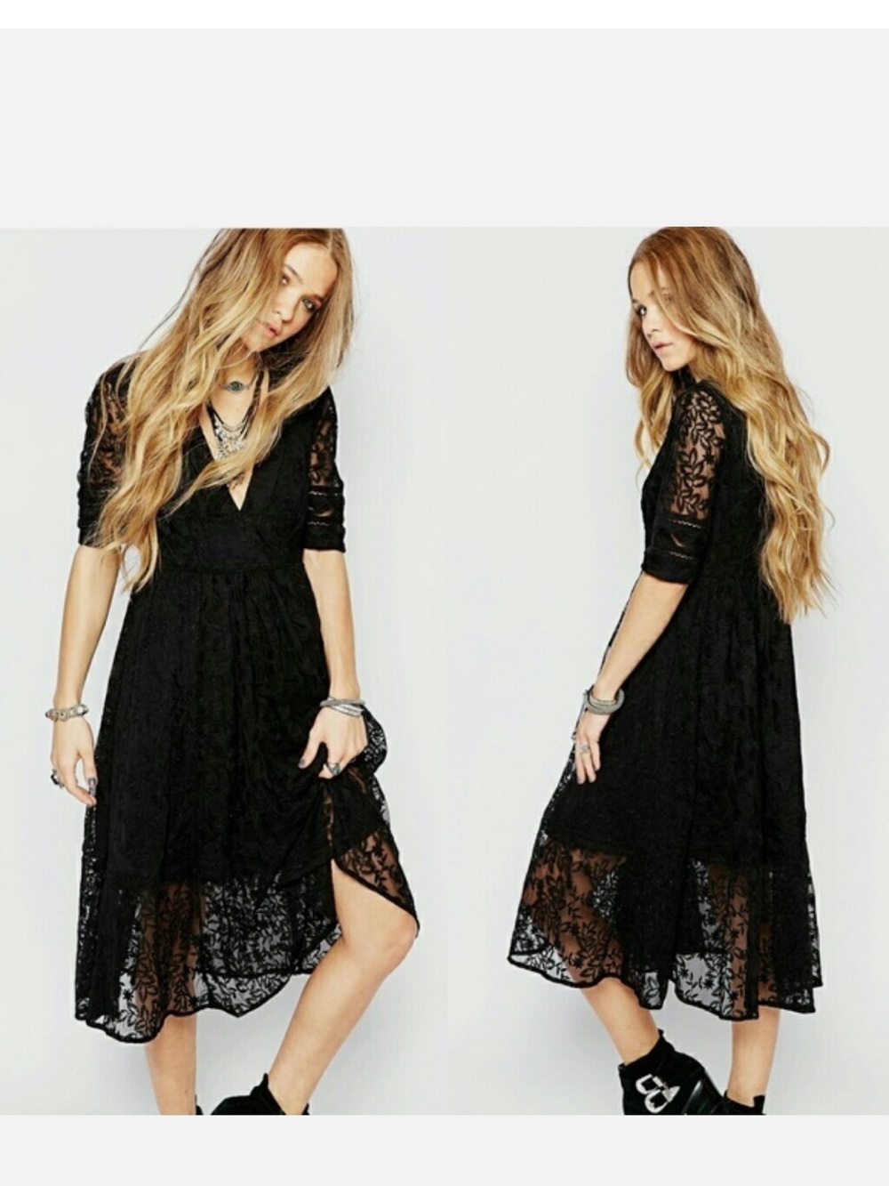 Free People Mountain Laurel Black Lace Midi Dress with V-Neck
